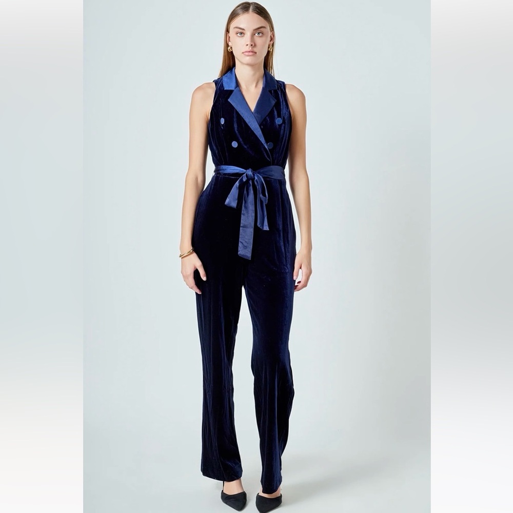 Endless Rose Sleeveless Velvet Jumpsuit | Navy Blue | Medium | NWOT